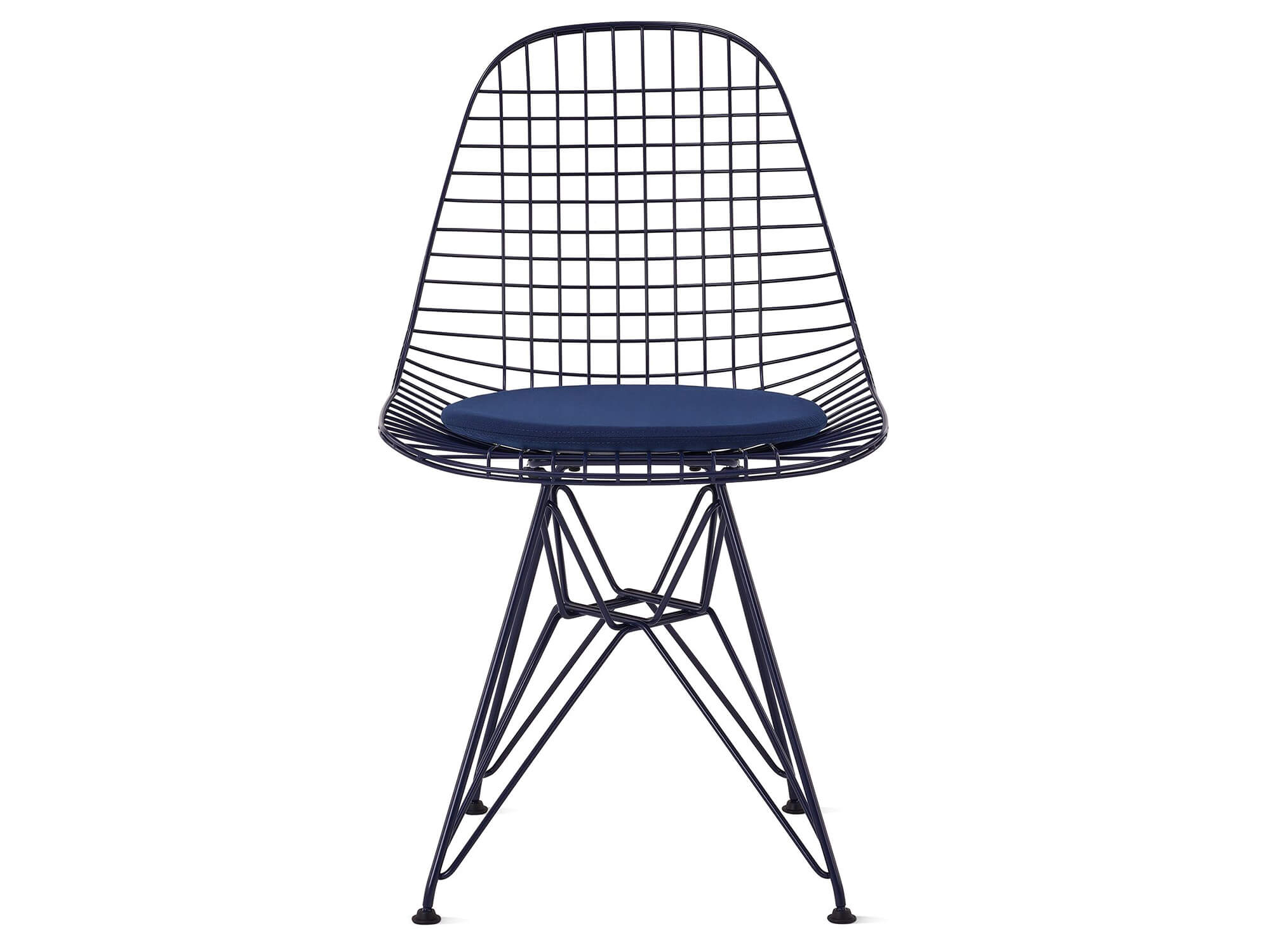 Black blue wire upholstered chair with wire base front view